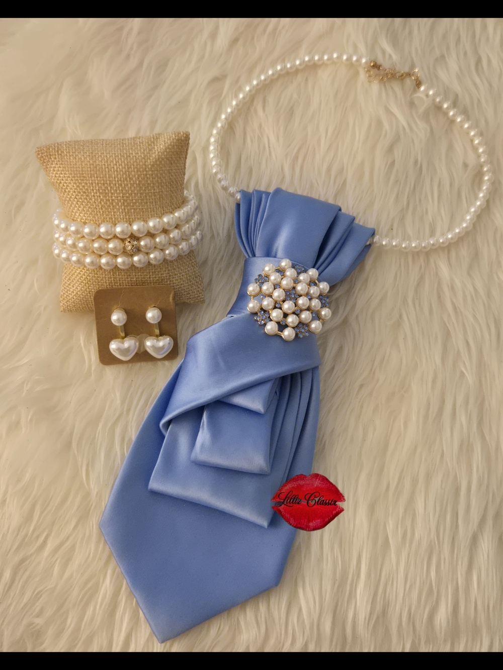 Pearl-Embellished Blue Satin Statement Necklace